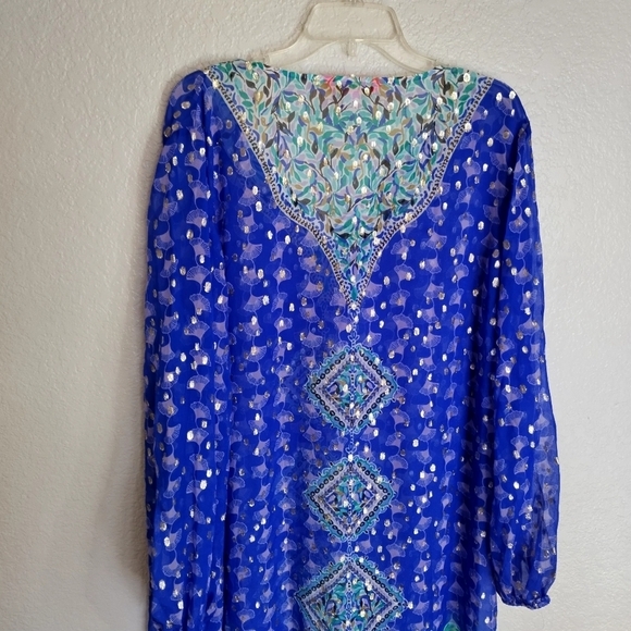 Lilly Pulitzer Jupiter Silk Maxi Caftan Blue Grotto SILK Fan Dress Sz L/Xl - Picture 8 of 9